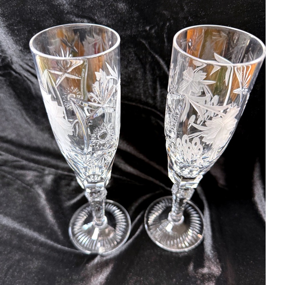 Vintage Cut Crystal Champagne Flutes Etched Floral Starburst Glasses Set 6 - Picture 2 of 7